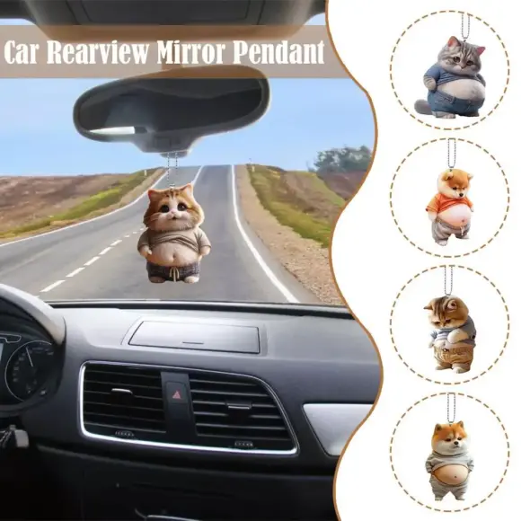 2D Car Cute Cat-Shaped Pendant Realistic Animal Rearview Car Schoolbag Decor Accessories Interior Mirror Hanging Keychain A2H4 - Image 3