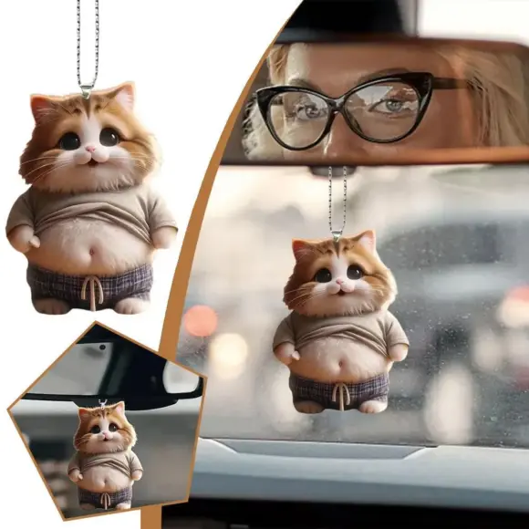 2D Car Cute Cat-Shaped Pendant Realistic Animal Rearview Car Schoolbag Decor Accessories Interior Mirror Hanging Keychain A2H4 - Image 2